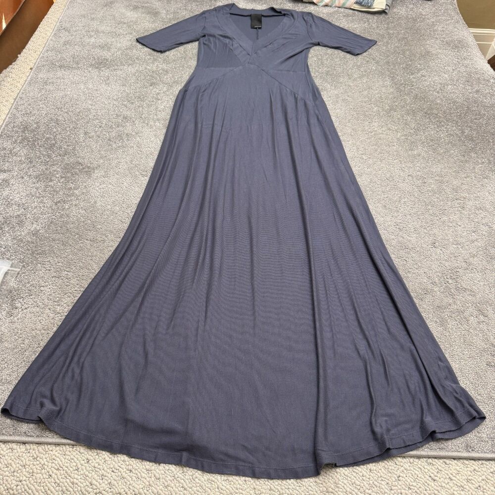Heather Ribbed Knit V-Neck Short Sleeve A-Line Maxi Dress Womens Blue Stretch